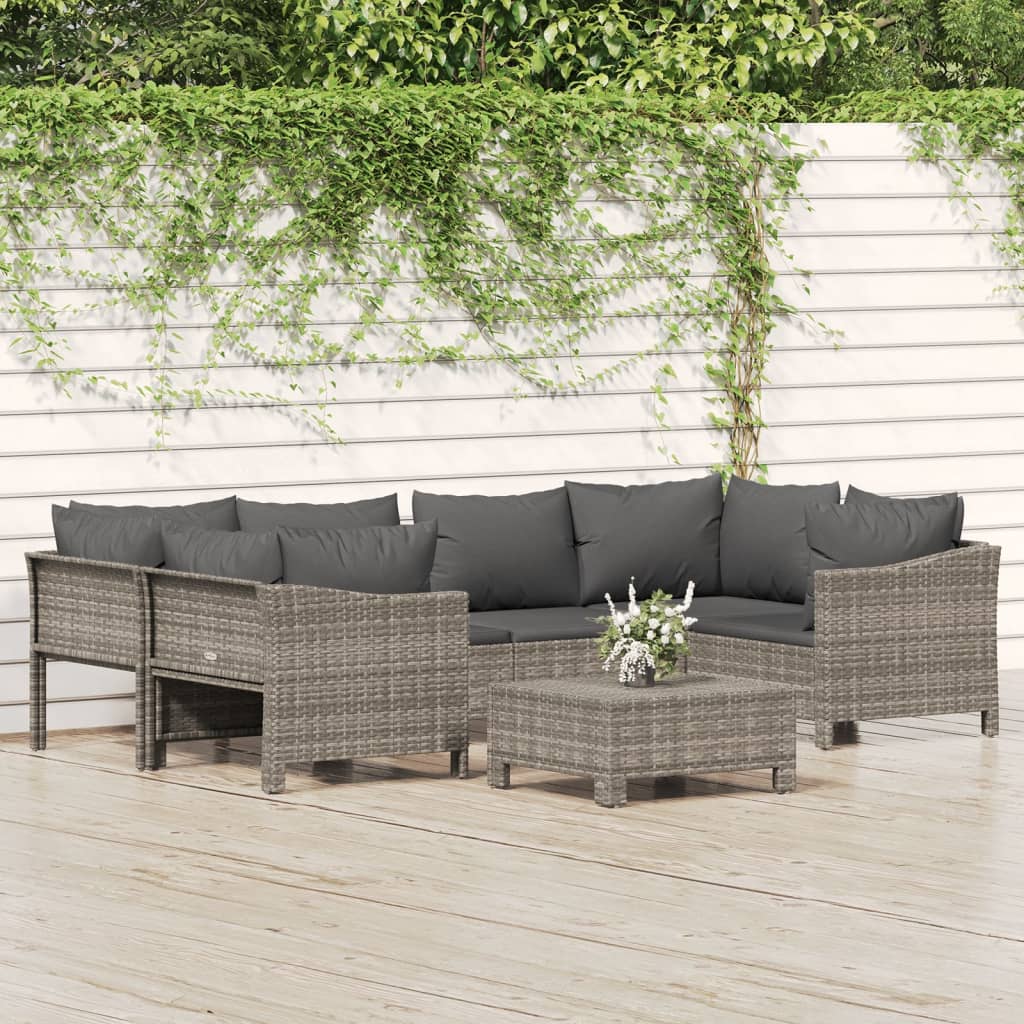 7 pcs conjunto lounge de jardim c/ almofadões vime PE cinzento