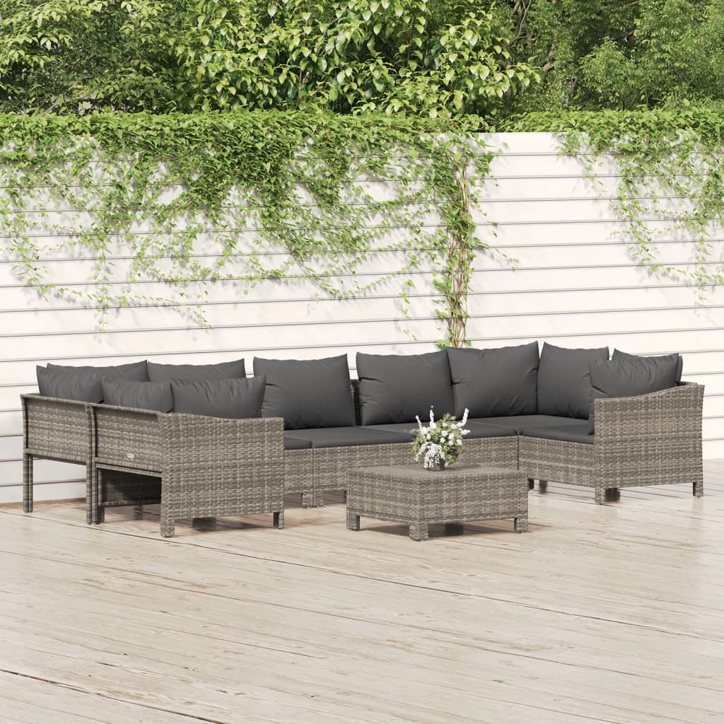 8 pcs conjunto lounge de jardim c/ almofadões vime PE cinzento