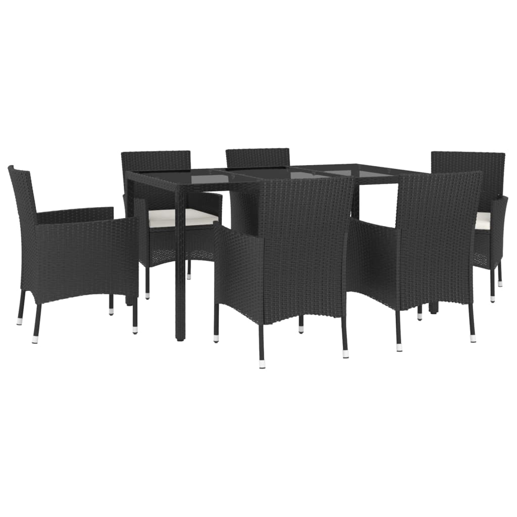 7 pcs conjunto de jantar p/ jardim c/ almofadões vime PE preto