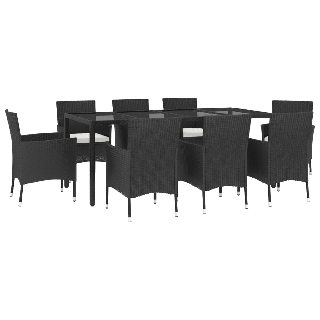 9 pcs conjunto de jantar p/ jardim c/ almofadões vime PE preto