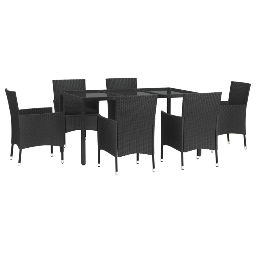 7 pcs conjunto de jantar p/ jardim c/ almofadões vime PE preto