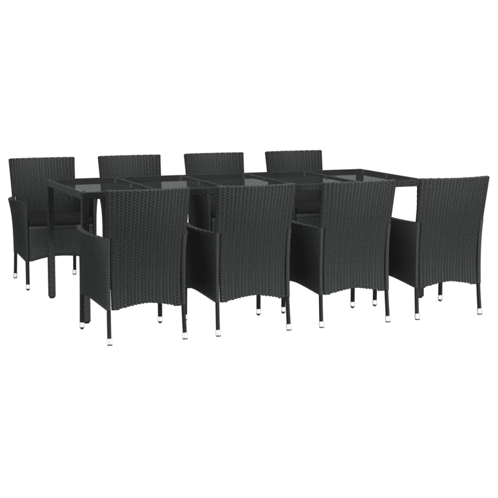 9 pcs conjunto de jantar p/ jardim c/ almofadões vime PE preto