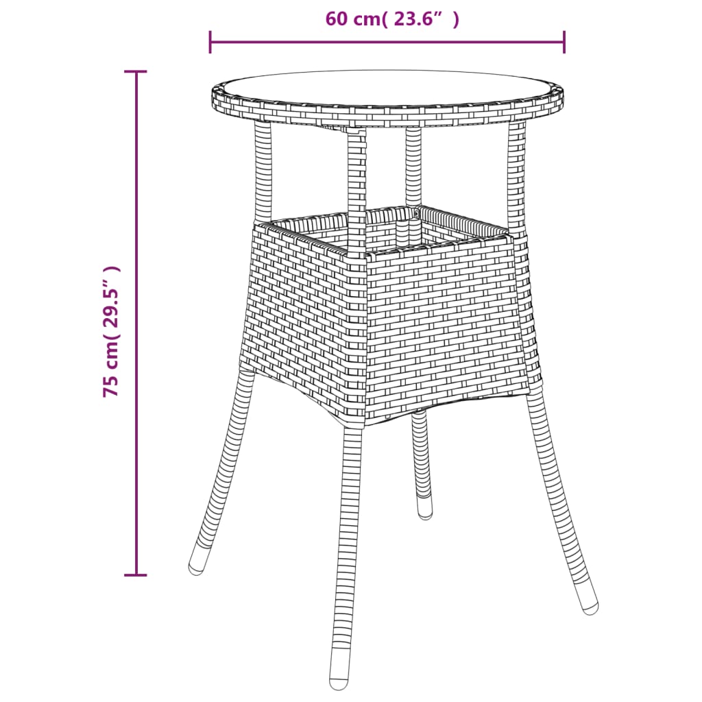 3 pcs conjunto bistrô de jardim c/ almofadões vime PE castanho