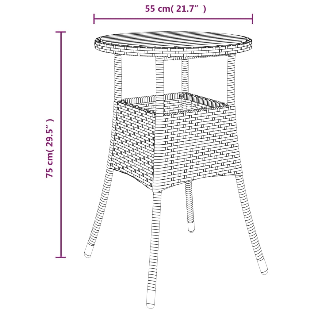 3 pcs conjunto bistrô de jardim c/ almofadões vime PE cinza