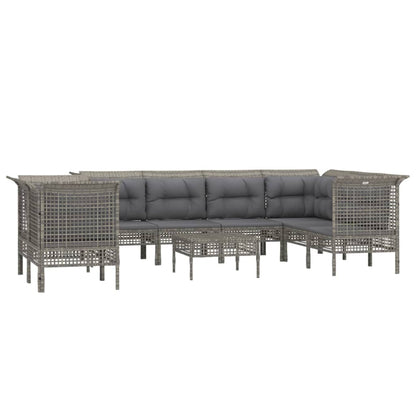 9 pcs conjunto lounge de jardim c/ almofadões vime PE cinzento