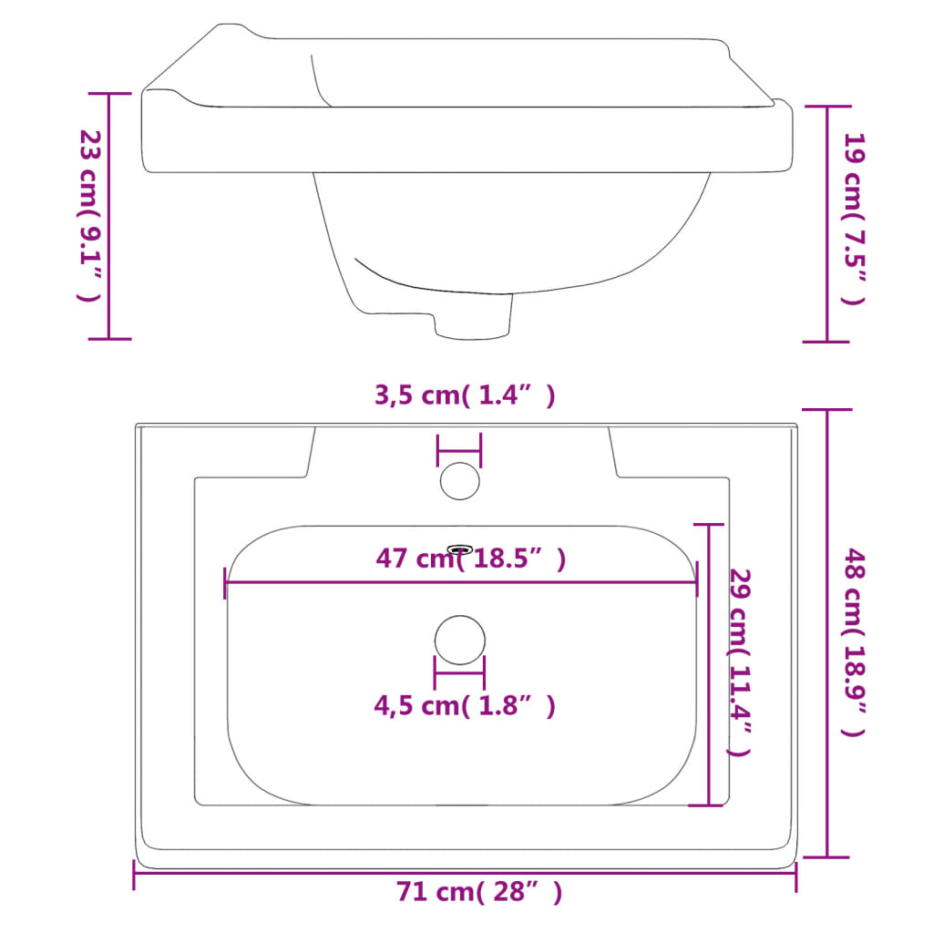 Lavatório casa de banho retangular 71x48x23 cm cerâmica branco