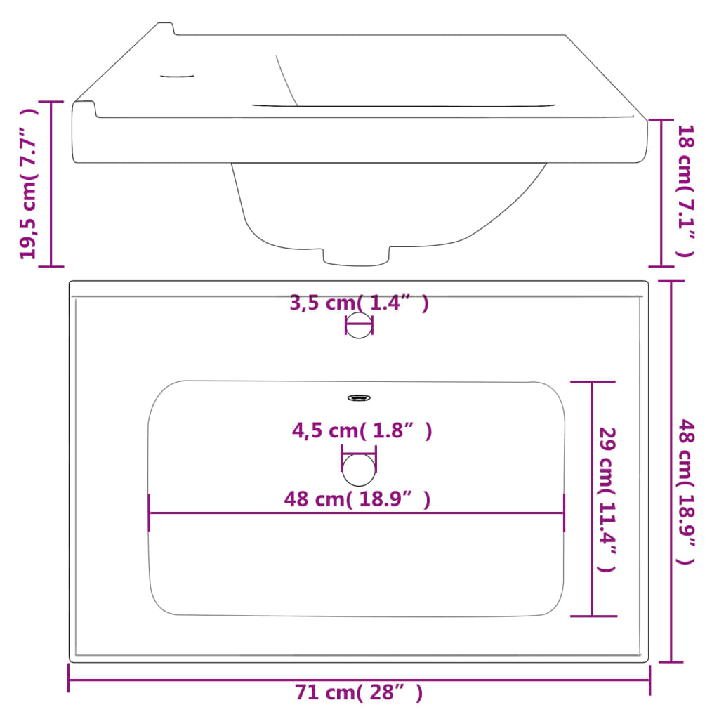 Lavatório casa de banho retangular 71x48x19,5cm cerâmica branco