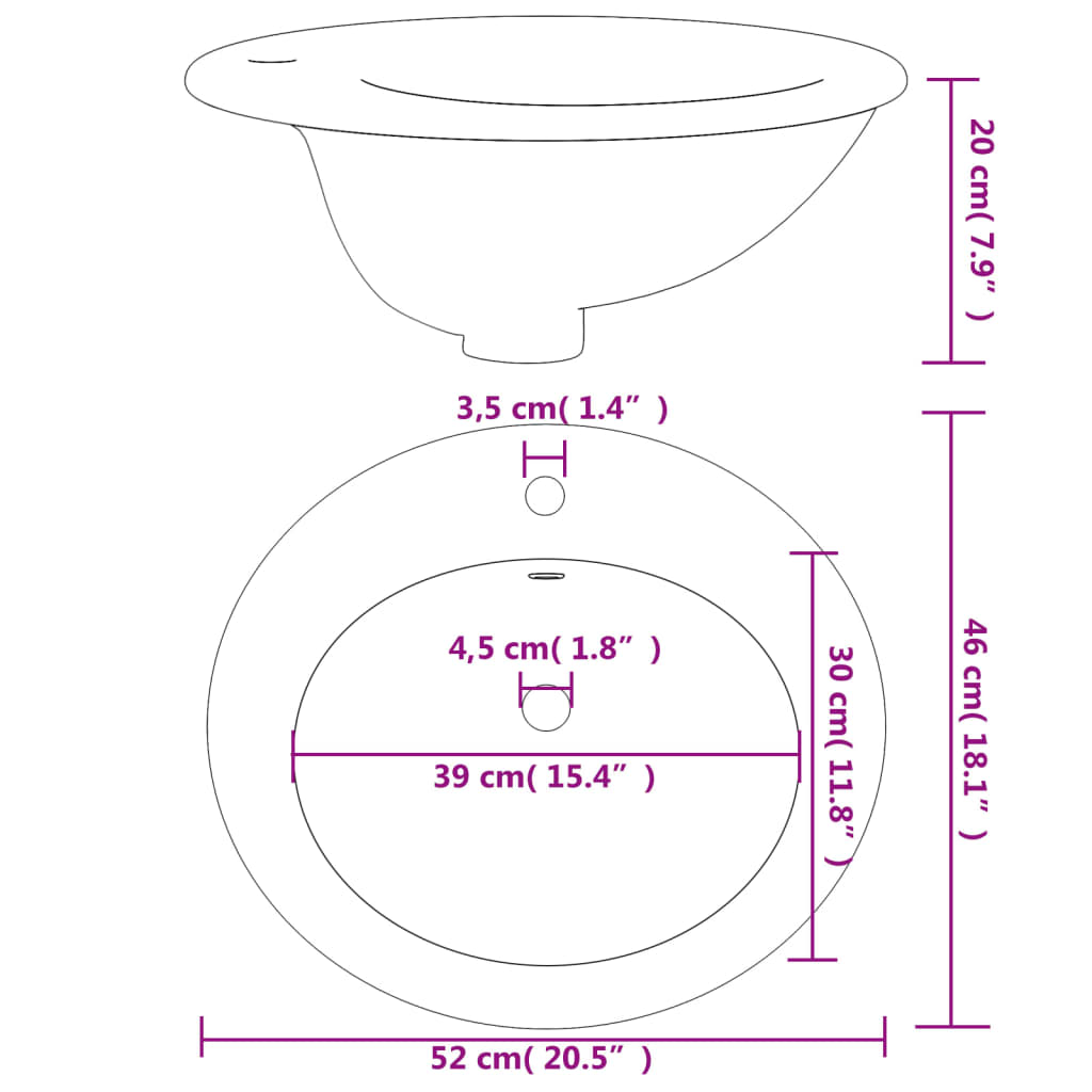 Lavatório casa de banho oval 52x46x20 cm cerâmica branco