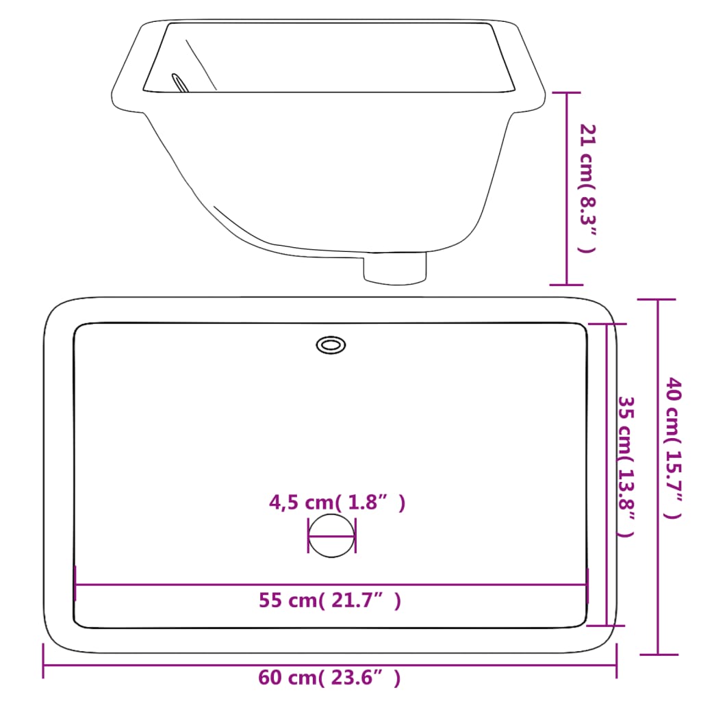 Lavatório casa de banho retangular 60x40x21 cm cerâmica branco