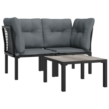 3 pcs conjunto lounge de jardim vime PE preto e cinzento