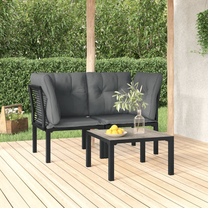 3 pcs conjunto lounge de jardim vime PE preto e cinzento