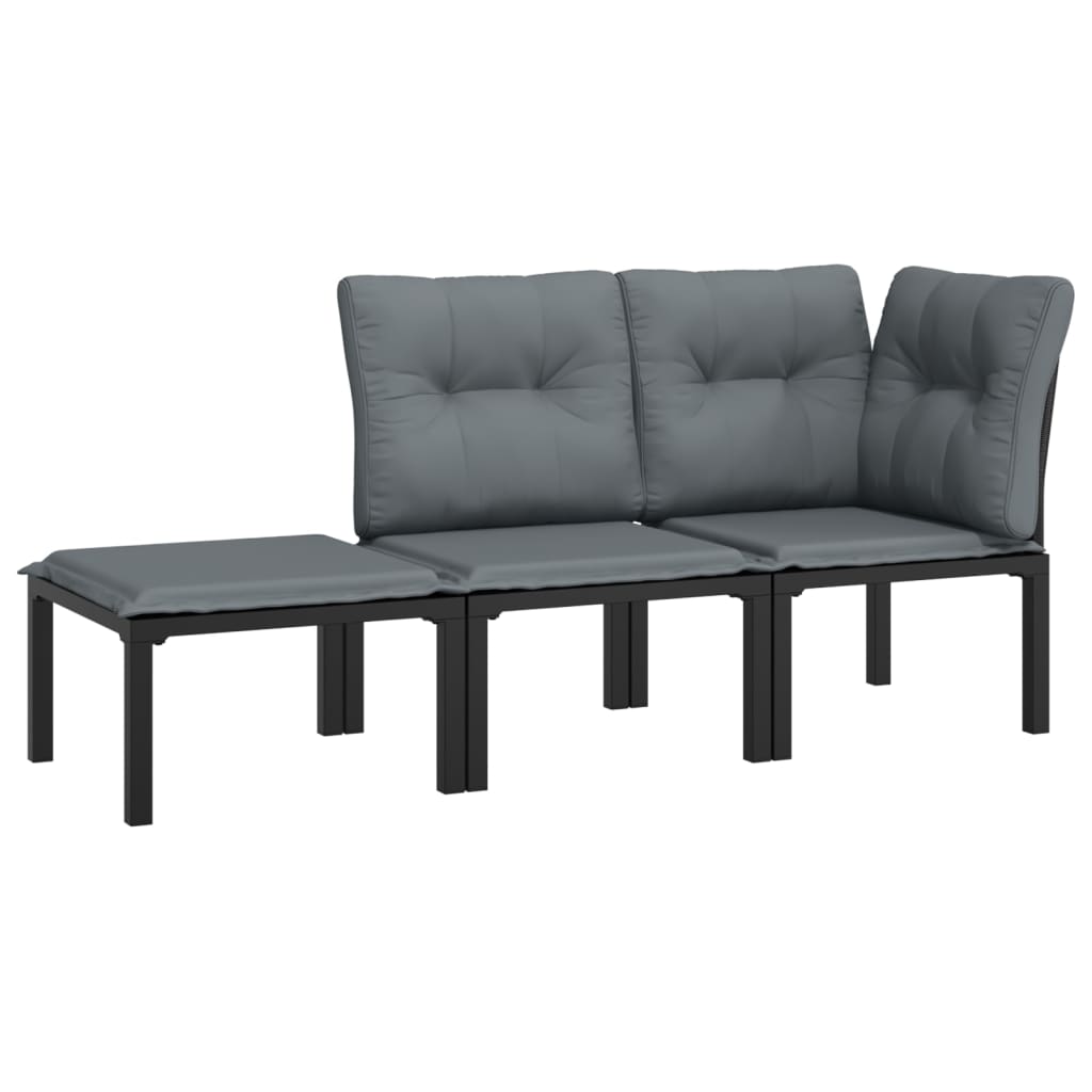 3 pcs conjunto lounge de jardim vime PE preto e cinzento