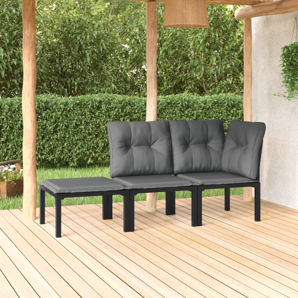 3 pcs conjunto lounge de jardim vime PE preto e cinzento