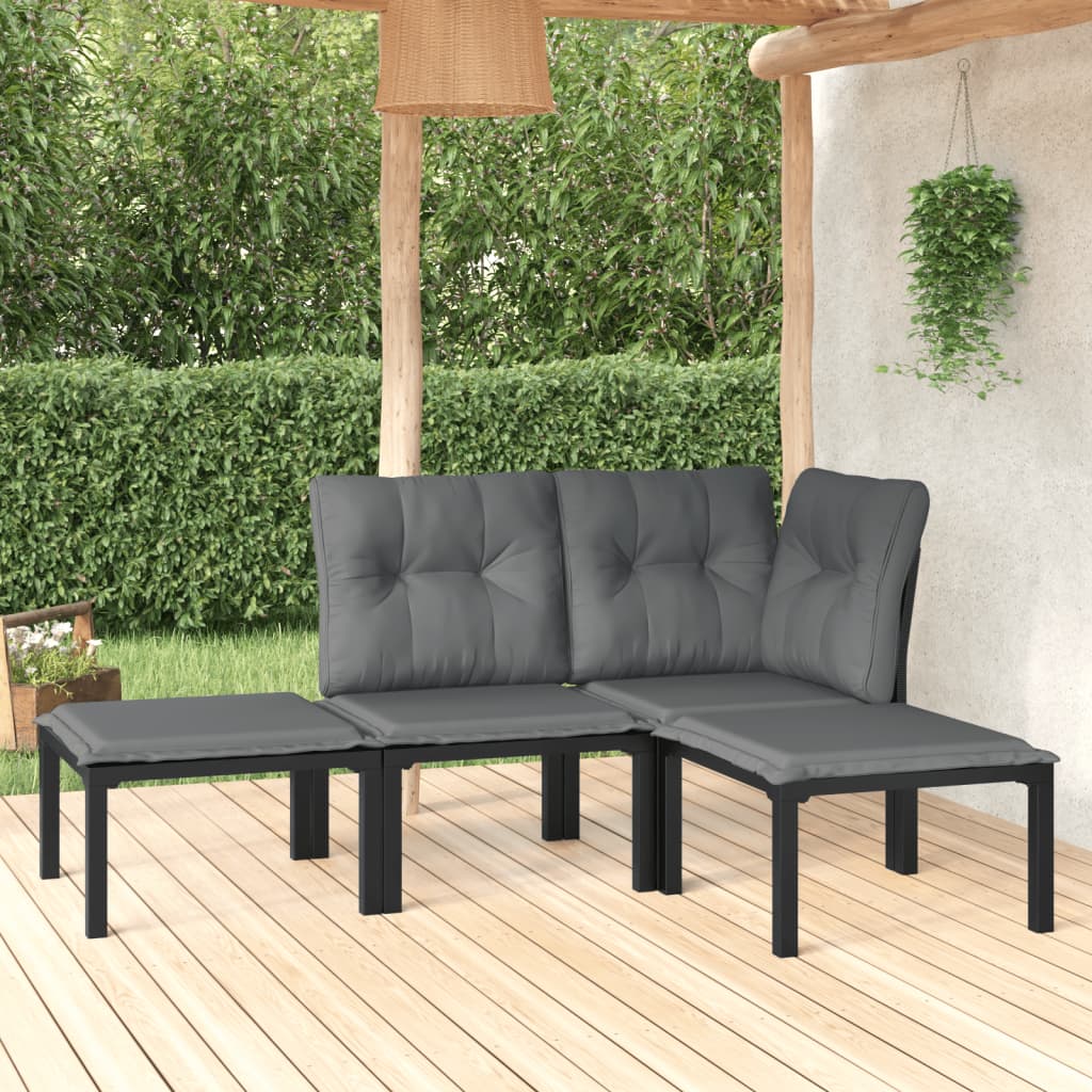 4 pcs conjunto lounge de jardim vime PE preto e cinzento