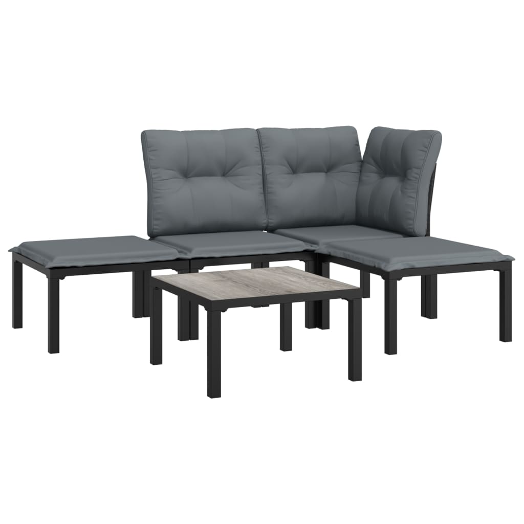 5 pcs conjunto lounge de jardim vime PE preto/cinzento