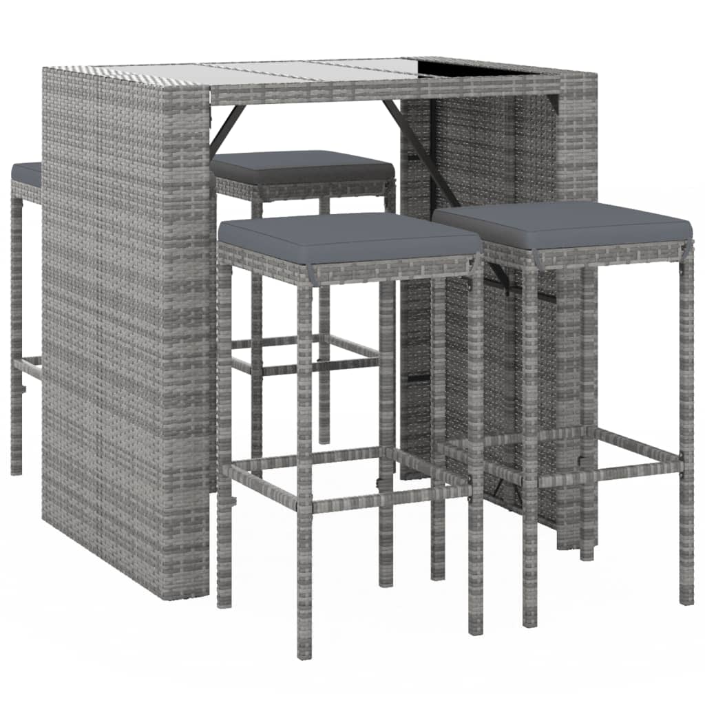 5 pcs conjunto de bar p/ jardim c/ almofadões vime PE cinzento