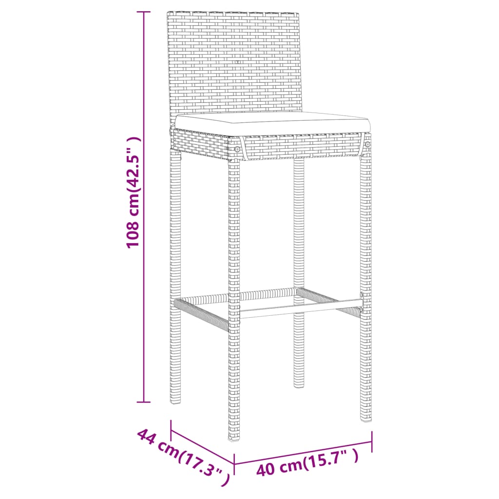 7 pcs conjunto de bar para jardim c/ almofadões vime PE preto