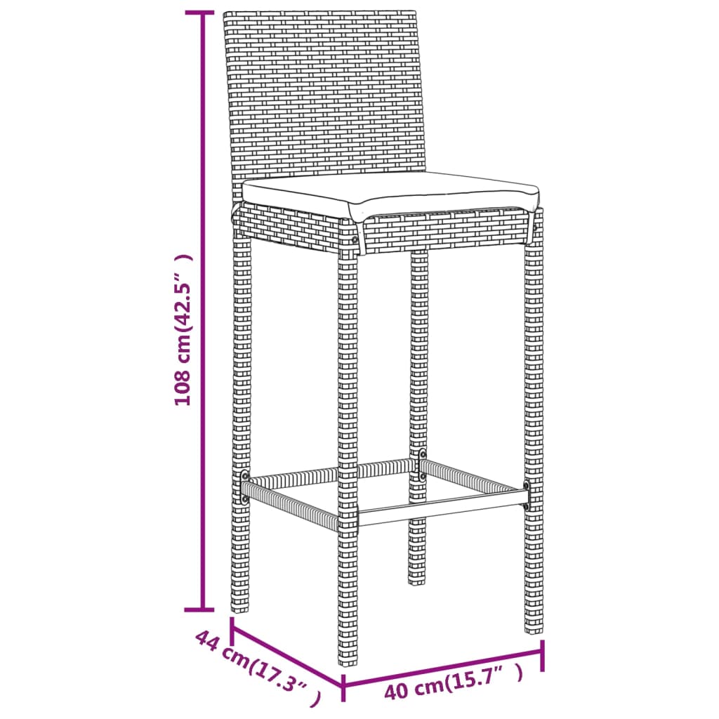 3 pcs conjunto de bar para jardim c/ almofadões vime PE preto