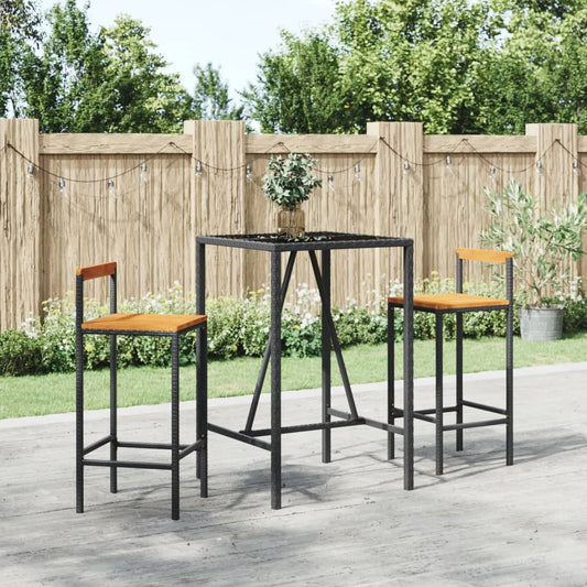 3 pcs conjunto de bar p/ jardim vime PE/acácia maciça preto