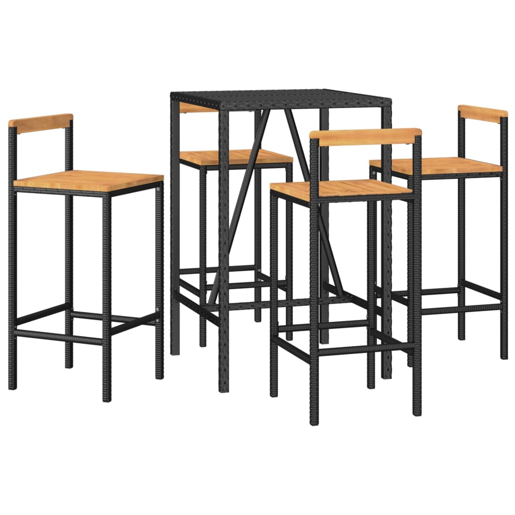 5 pcs conjunto de bar p/ jardim vime PE/acácia maciça preto