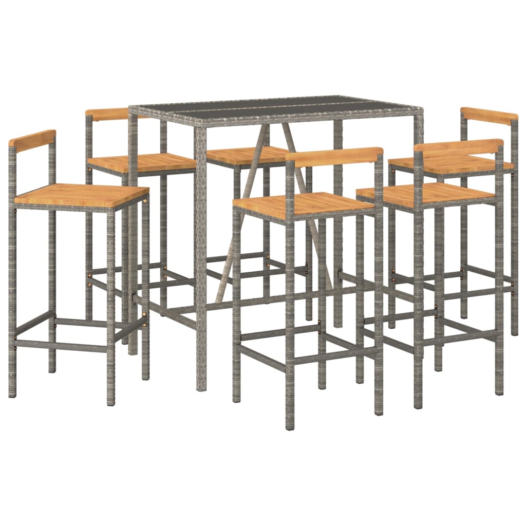 7 pcs conjunto de bar p/ jardim vime PE/acácia maciça cinzento