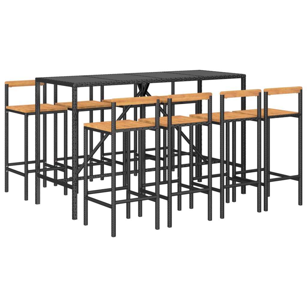 9 pcs conjunto de bar p/ jardim vime PE/acácia maciça preto