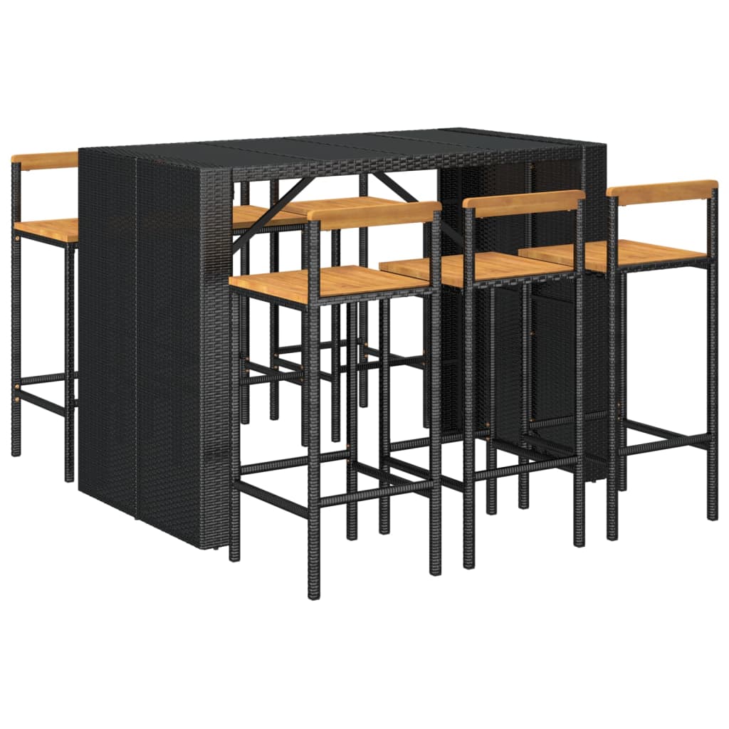 7 pcs conjunto de bar p/ jardim vime PE/acácia maciça preto