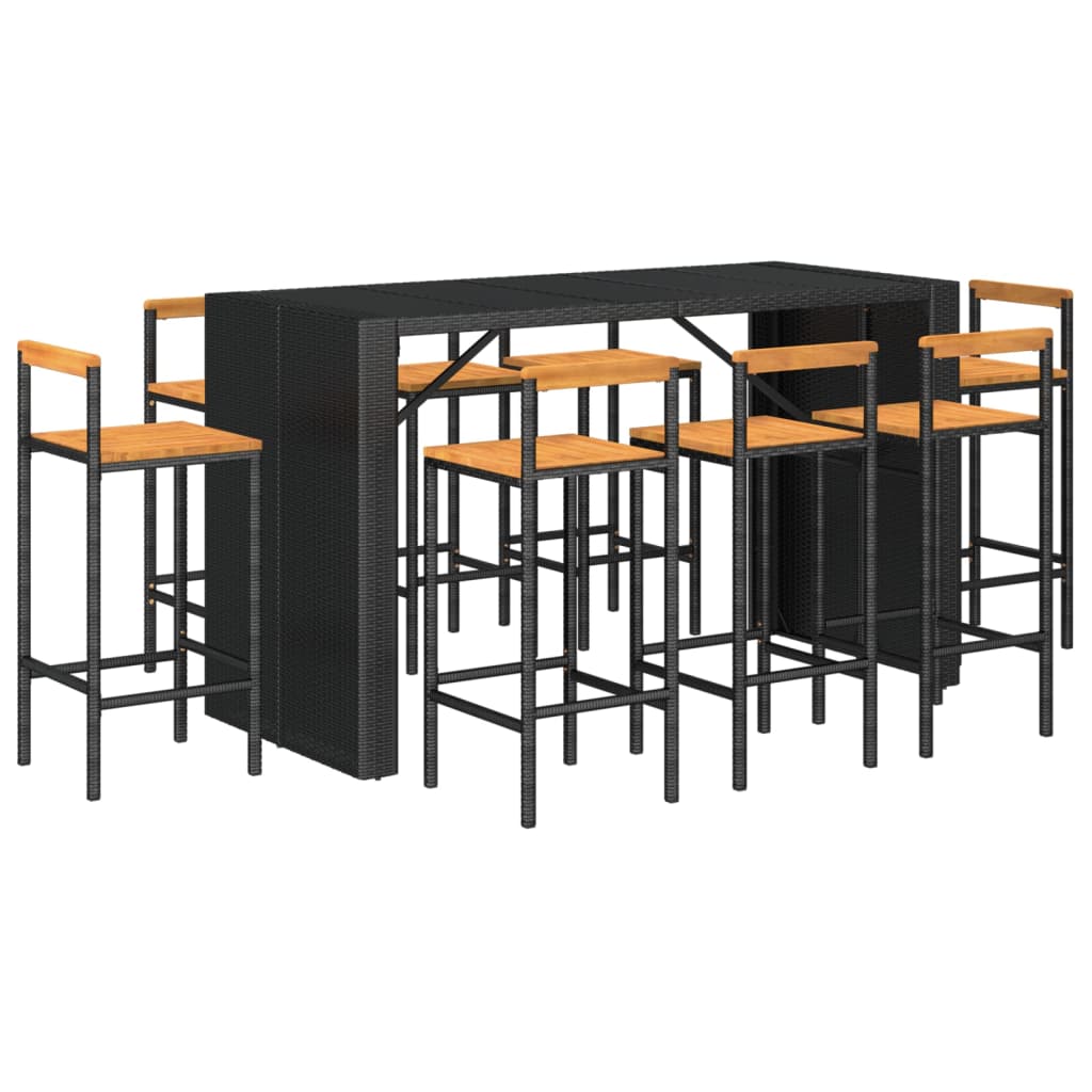 9 pcs conjunto de bar p/ jardim vime PE/acácia maciça preto