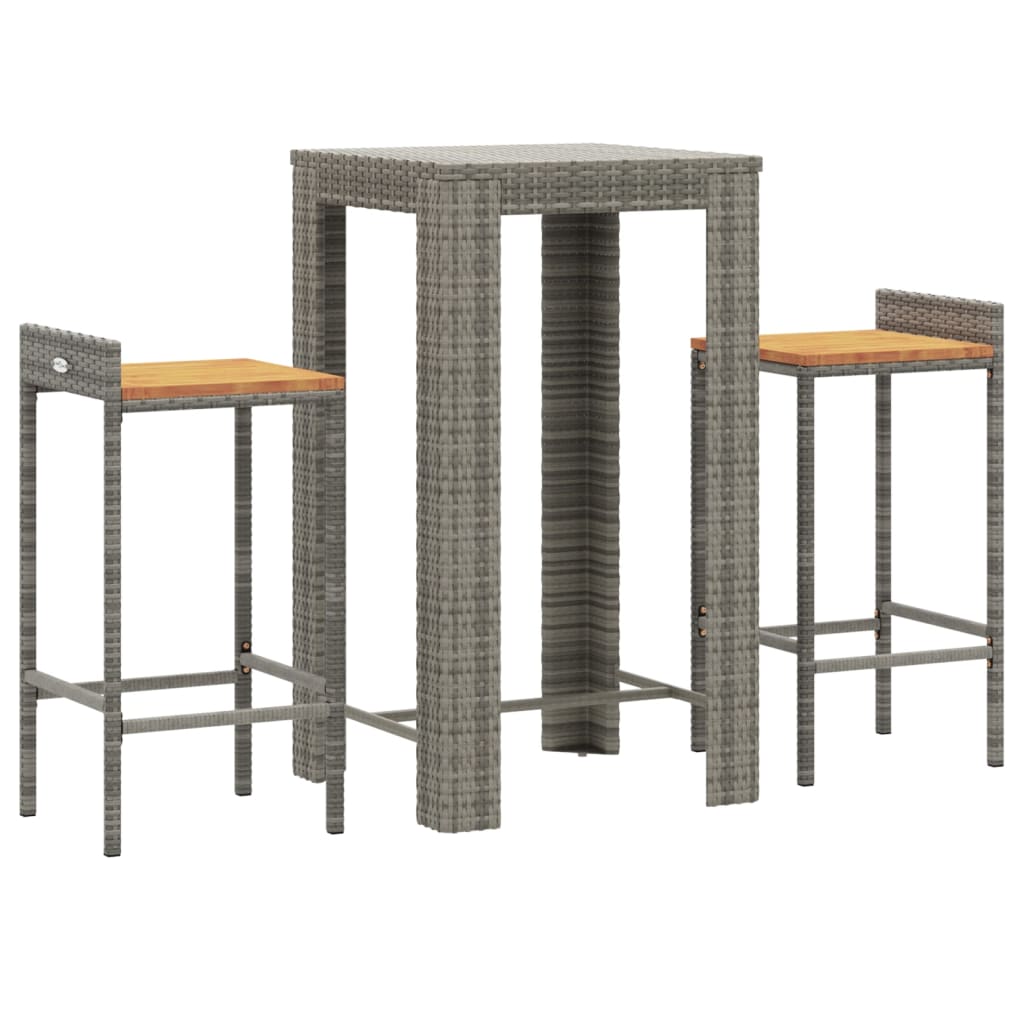 3 pcs conjunto de bar p/ jardim vime PE/acácia maciça cinzento