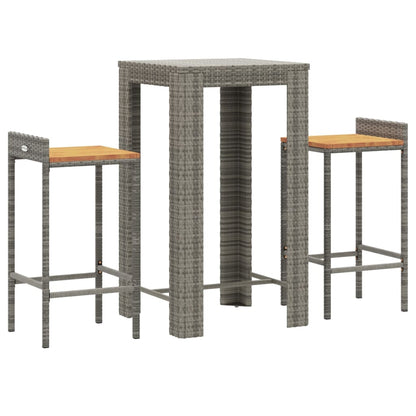 3 pcs conjunto de bar p/ jardim vime PE/acácia maciça cinzento