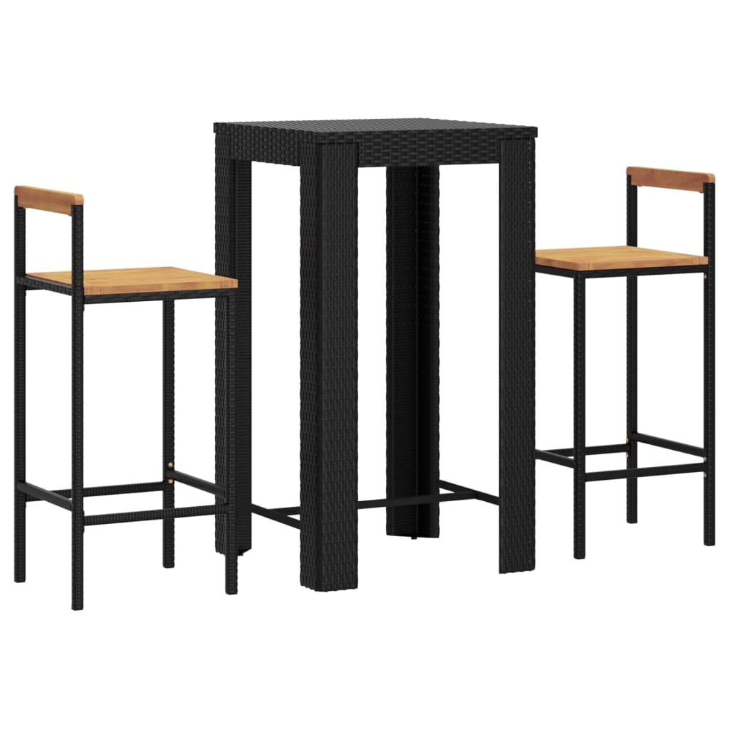 3 pcs conjunto de bar p/ jardim vime PE/acácia maciça preto