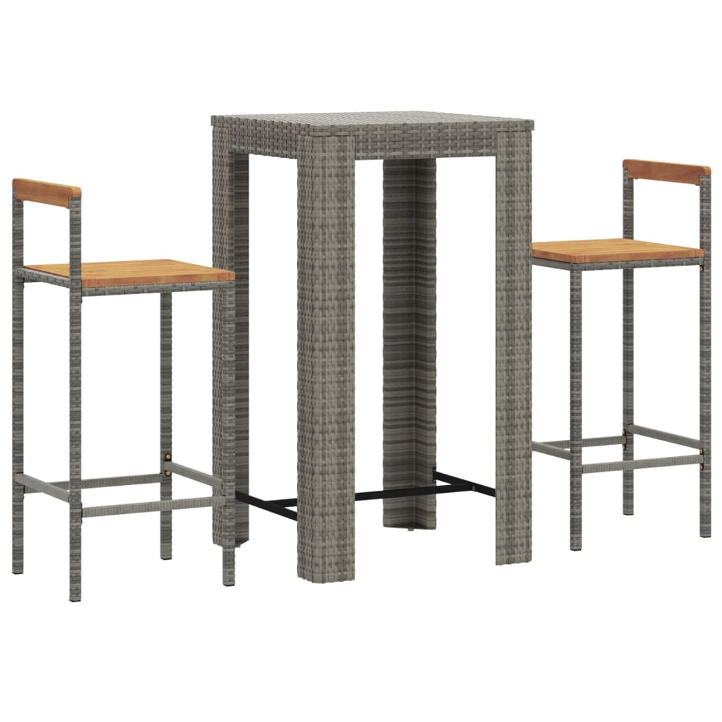 3 pcs conjunto de bar p/ jardim vime PE/acácia maciça cinzento