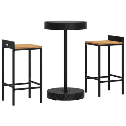 3 pcs conjunto de bar p/ jardim vime PE/acácia maciça preto