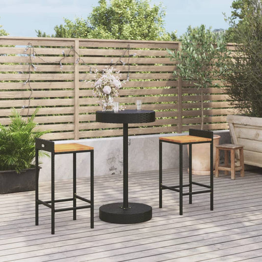 3 pcs conjunto de bar p/ jardim vime PE/acácia maciça preto