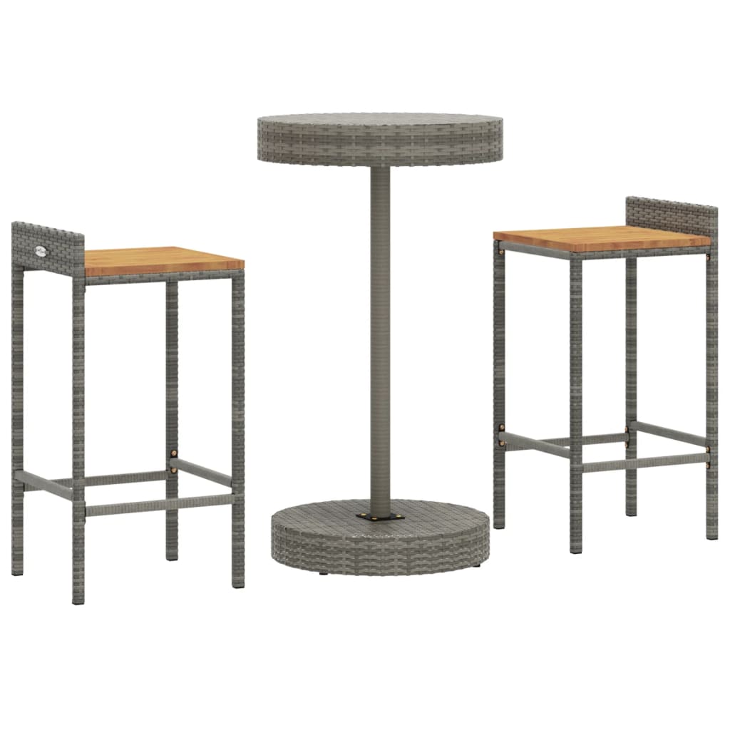 3 pcs conjunto de bar p/ jardim vime PE/acácia maciça cinzento