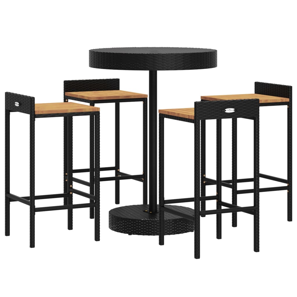 5 pcs conjunto de bar p/ jardim vime PE/acácia maciça preto