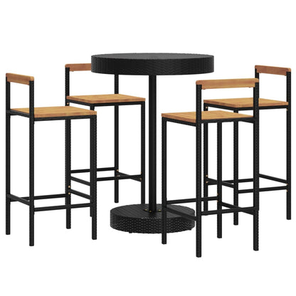 5 pcs conjunto de bar p/ jardim vime PE/acácia maciça preto