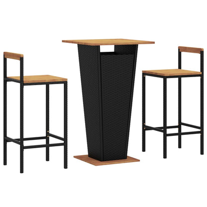 3 pcs conjunto de bar p/ jardim vime PE/acácia maciça preto