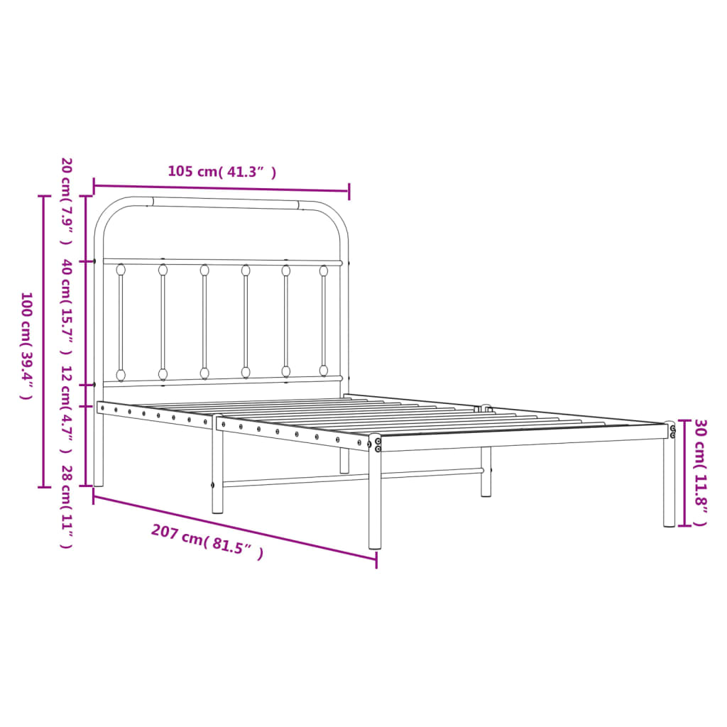 Estrutura de cama com cabeceira 100x200 cm metal preto