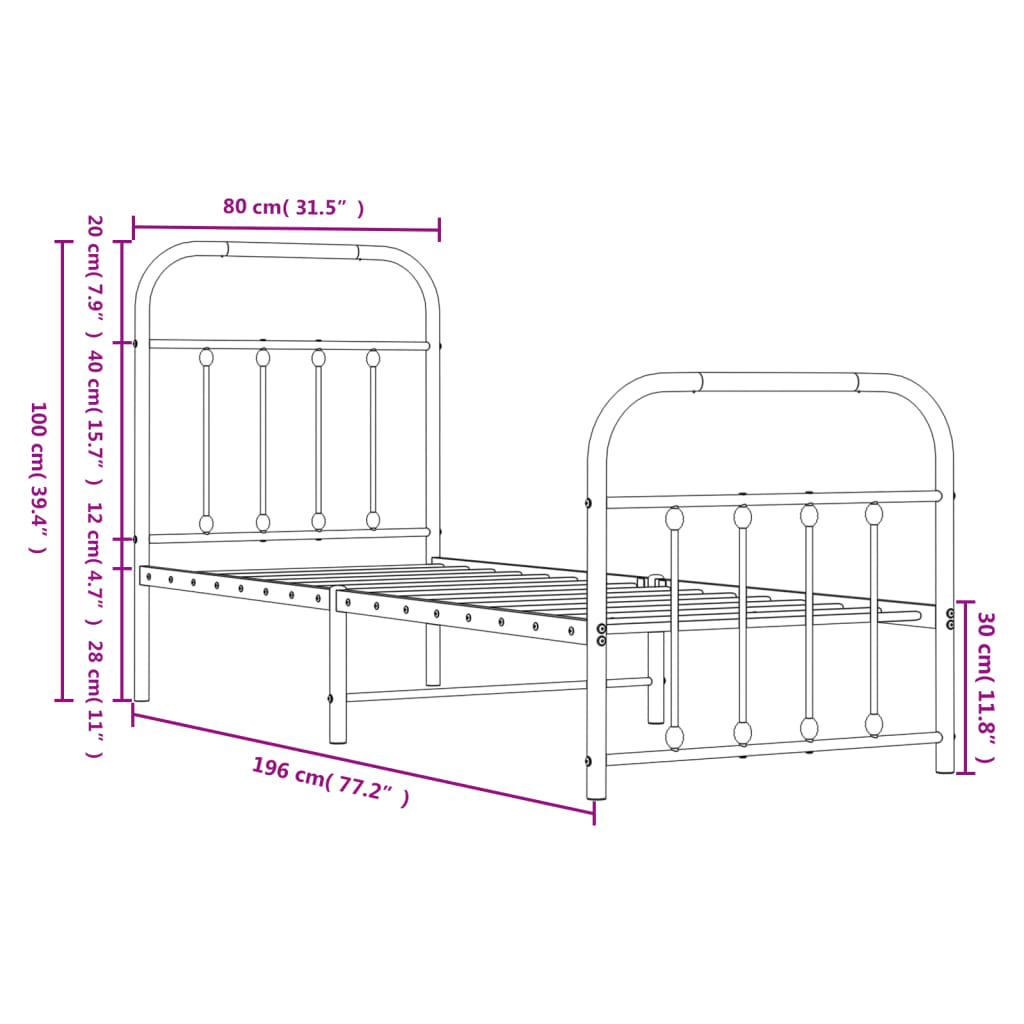 Estrutura de cama com cabeceira e pés 75x190 cm metal preto