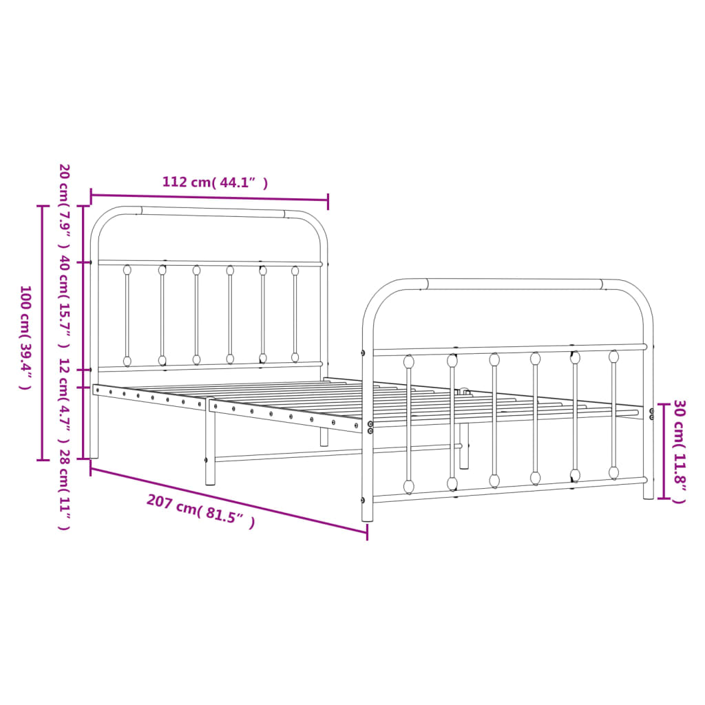 Estrutura de cama com cabeceira e pés 107x203 cm metal preto