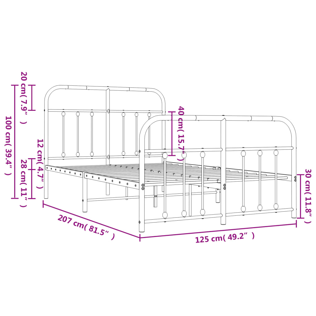 Estrutura de cama com cabeceira e pés 120x200 cm metal preto