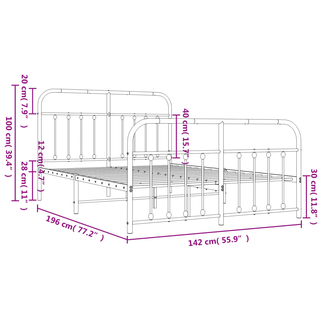 Estrutura de cama com cabeceira e pés 135x190 cm metal preto