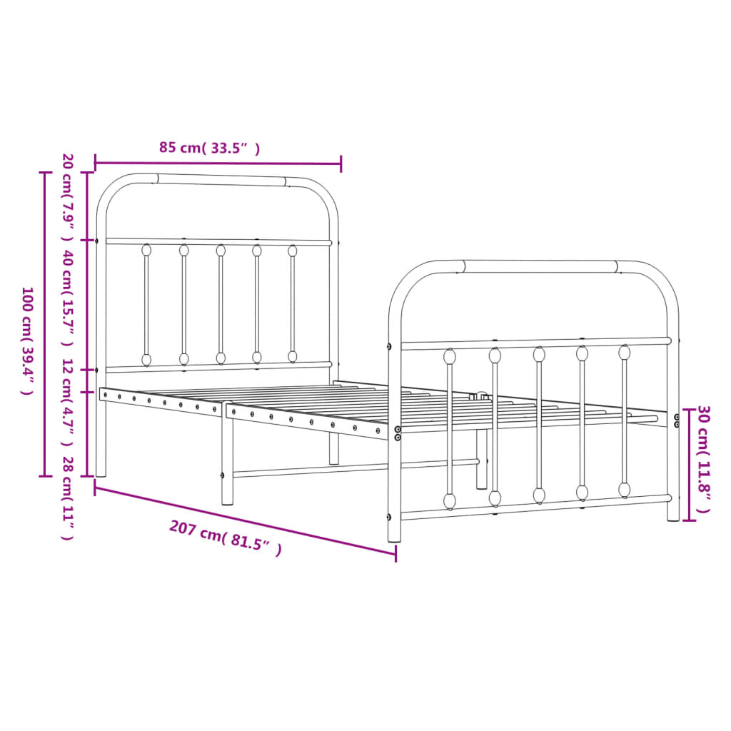 Estrutura de cama com cabeceira e pés 80x200 cm metal branco