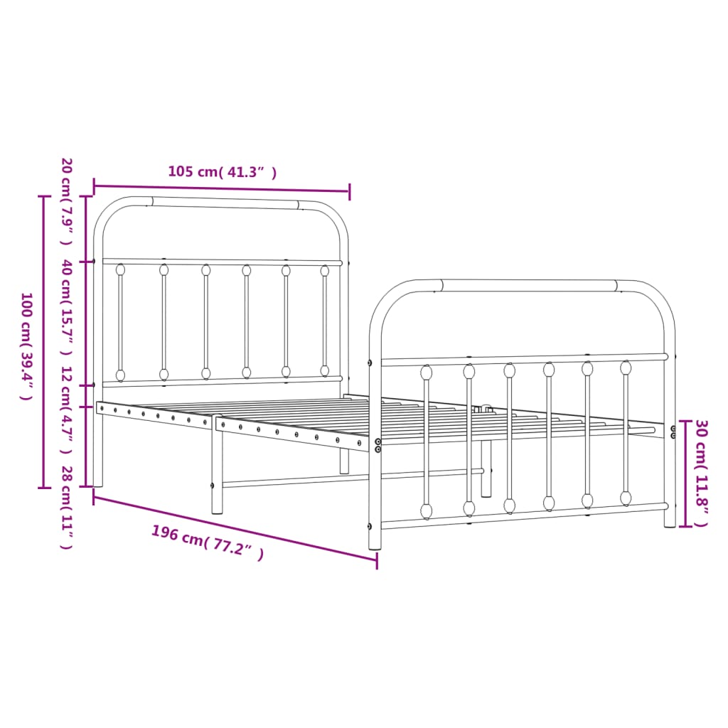 Estrutura de cama com cabeceira e pés 100x190 cm metal branco