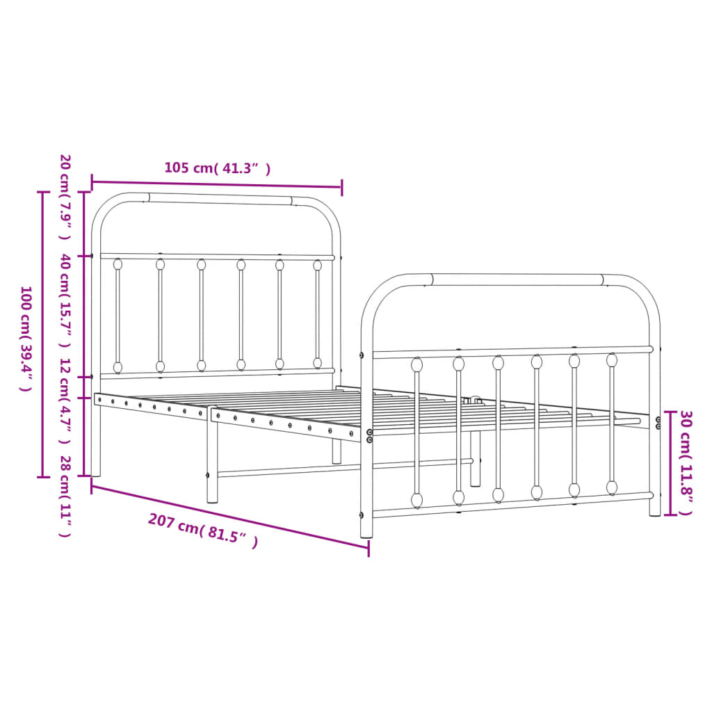 Estrutura de cama com cabeceira e pés 100x200 cm metal branco