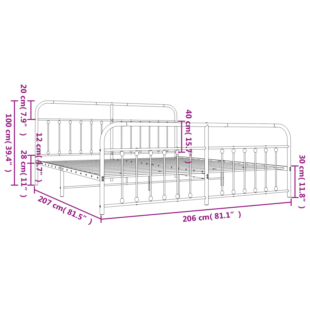 Estrutura de cama com cabeceira e pés 200x200 cm metal branco