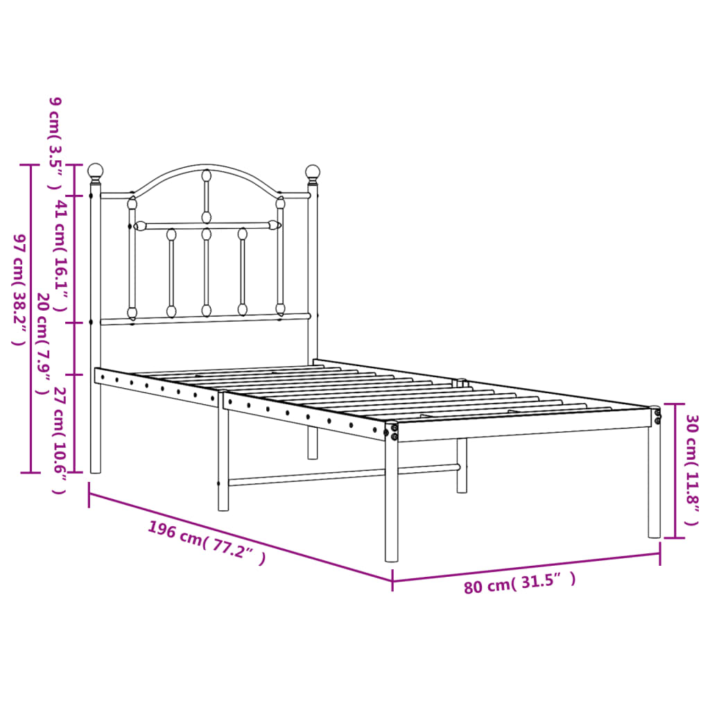 Estrutura de cama com cabeceira 75x190 cm metal preto