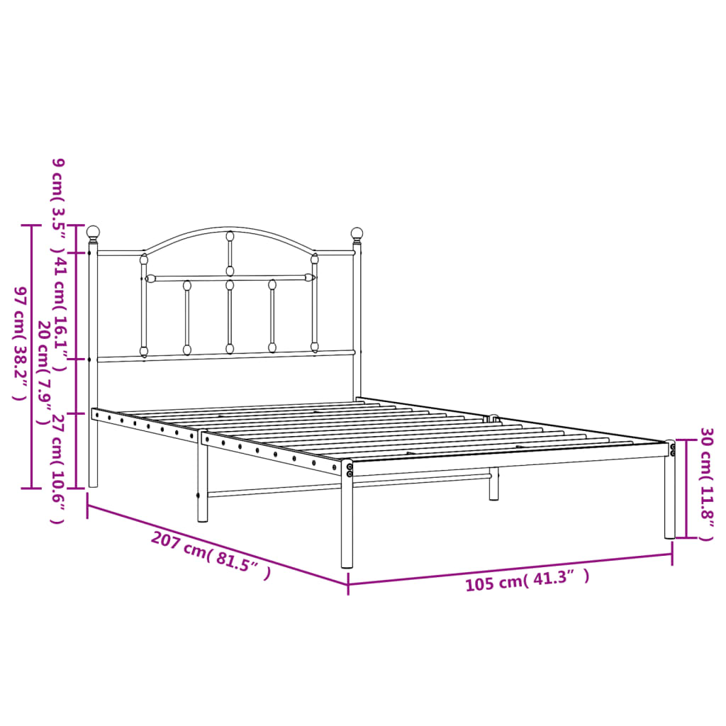 Estrutura de cama com cabeceira 100x200 cm metal preto