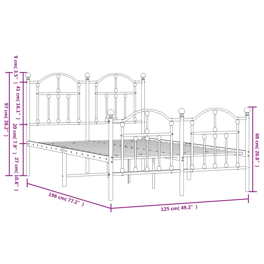 Estrutura de cama com cabeceira e pés 120x190 cm metal preto